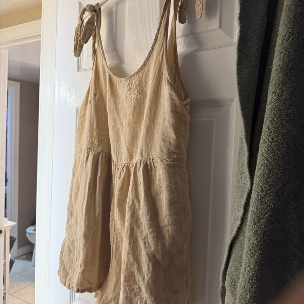 Beige Sleeveless Romper with Yellow Embroidery